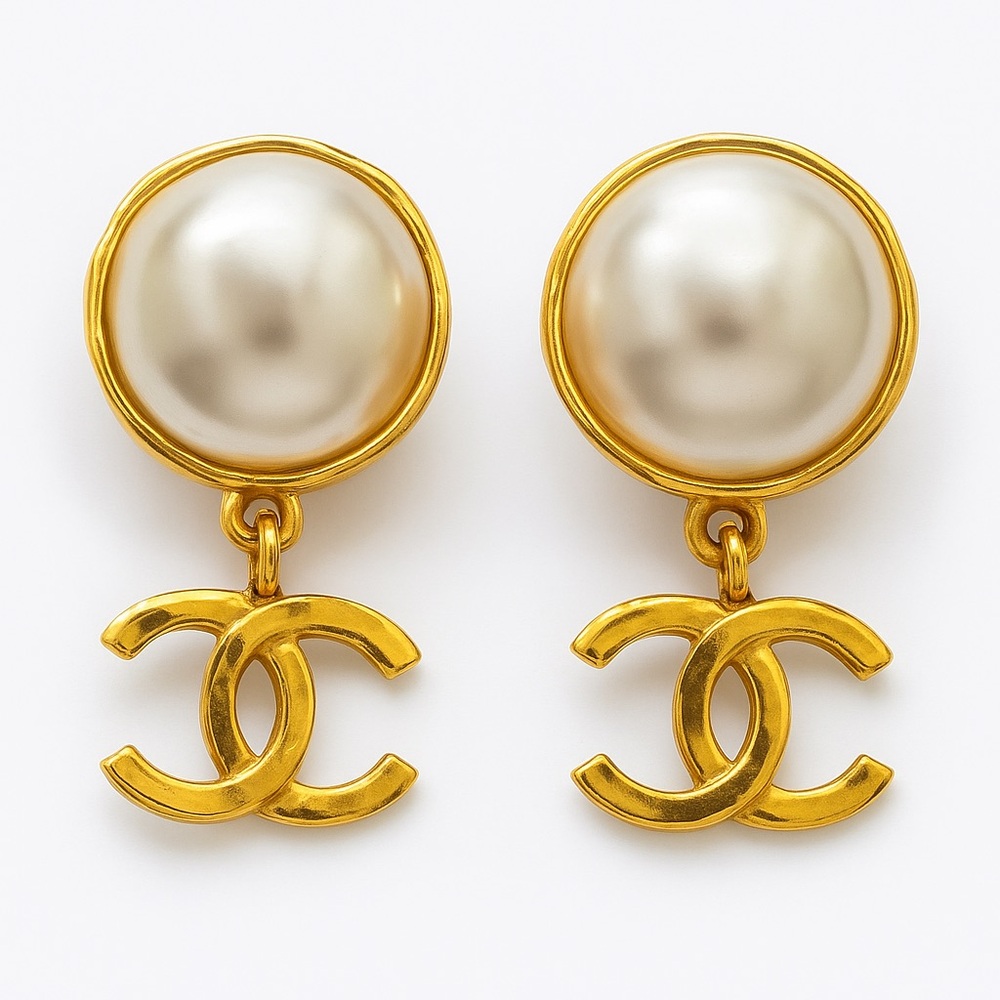 CHANEL Vintage Pearl CC Dangle Clip-On Earrings